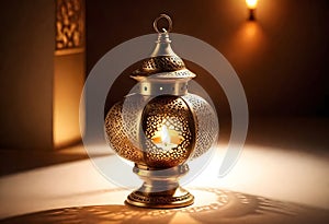 a lantern with candle inside of it that is on a table with a lamp on the wall