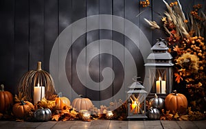 Lantern with candle and pumpkins autumn composition over blue wooden background. Rustic style. Copy space