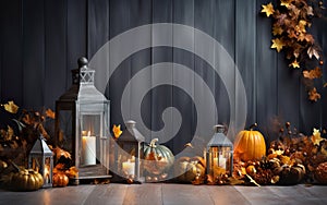 Lantern with candle and pumpkins autumn composition over blue wooden background. Rustic style. Copy space