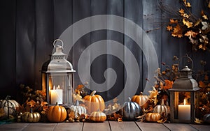 Lantern with candle and pumpkins autumn composition over blue wooden background. Rustic style. Copy space