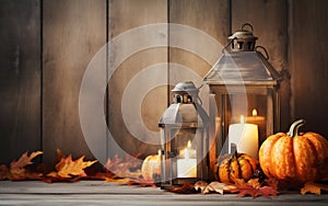 Lantern with candle and pumpkins autumn composition over blurred wooden background. Rustic style. Copy space