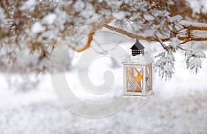 Lantern with candle on a snowy tree