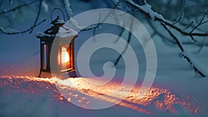 A lantern casts a warm glow in the snowy landscape underneath a tree, The soft glow of a lantern casting long shadows on fresh