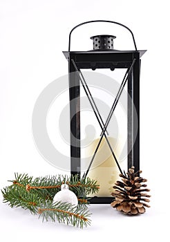 Lantern and Christmas decoration on white