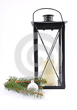 Lantern and Christmas decoration on white