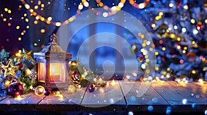 Lantern And Christmas Tree Glowing On Table With Decoration