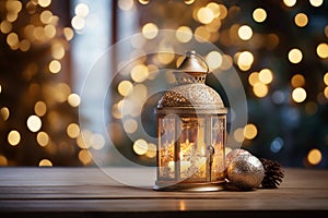 Lantern And Christmas Tree Glowing On Table With Decoration And String Lights