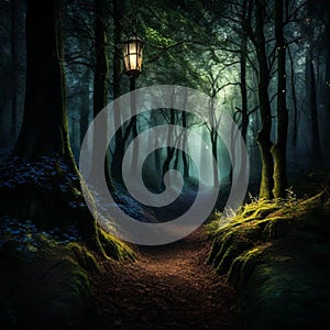 a lantern in a deep dark fairytale forest