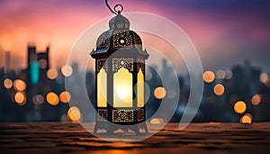 Lantern with dusk sky and city bokeh light background for the Muslim feast of the holy month of Ramadan Kareem.