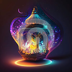 Lantern dzy colored rainbow light on dark. Lantern as a symbol of Ramadan for Muslims