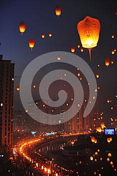 Lantern Festival in China sky. Selective focus.