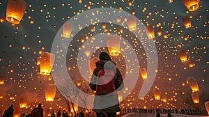 Lantern Festival in China sky. Selective focus.