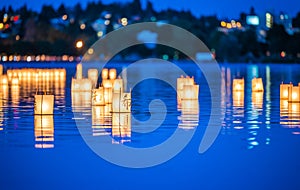 Lantern floating on green lake park for memorial of Hiroshima,Wa,usa.. photo