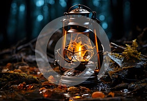 Lantern in the forest on a dark background. Halloween concept