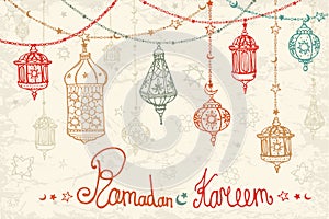 Lantern garland of Ramadan Kareem.Doodle card