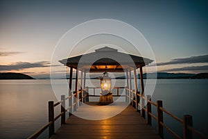 A lantern glowing softly on a wooden pier