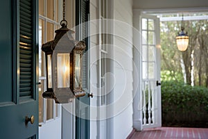 a lantern hanging by the entrance door, focus on the fanlight in a colonial revival house