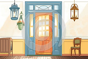a lantern hanging by the entrance door, focus on the fanlight in a colonial revival house, magazine style illustration