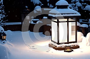 A lantern illuminates a heavy snow covered table alfresco in the winter snow