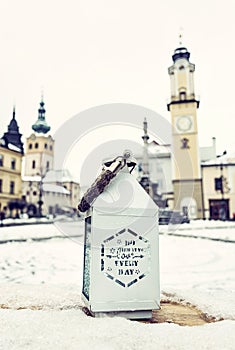 Lantern with inscription, SNP square in Banska Bystrica