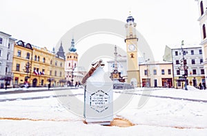 Lantern with inscription, SNP square in Banska Bystrica, Slovakia