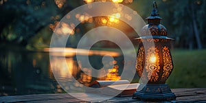 Lantern by a lake with an open book during a serene twilight, symbolizing peace and knowledge. Card for an Islamic