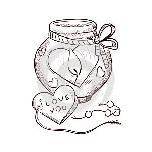 Lantern lamp with burning heart candle isolated sketch. Vector illustration of postcard on February 14, gift present on