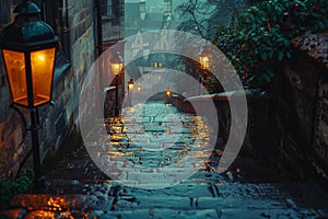 Lantern-lit Alleyway in a Historic European Town The light blurs with the bricks