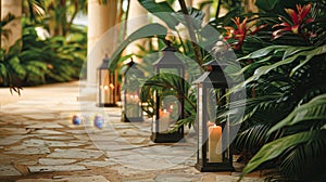 Lantern lit courtyard with greenery, flowers, traditional architecture, and community ambiance