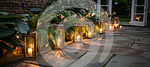 Lantern lit courtyard, greenery, flowers, warm glow, traditional architecture, community tradition