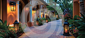 Lantern lit courtyard oasis traditional architecture and lush greenery illuminated by lanterns.