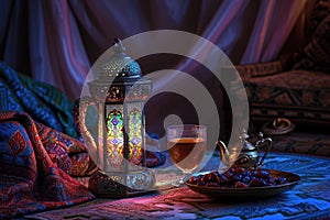 Lantern-lit Table: A cozy Middle Eastern tableau with a lantern casting patterned shadows, showcasing tea, dates, and