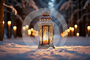 A lantern in the middle of a snowy path