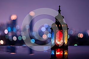 Lantern with night sky and city bokeh light background