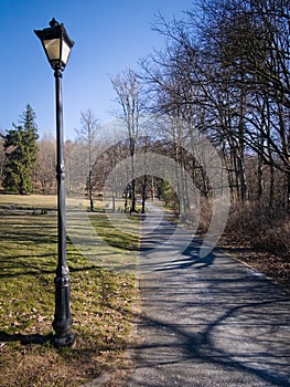 lantern in the park on the side of the road
