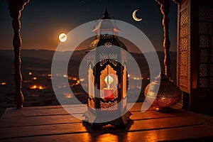 a lantern sitting on top of a wooden table, ?????????, arabian night, arabian nights, street lanterns are shining, glowing lantern