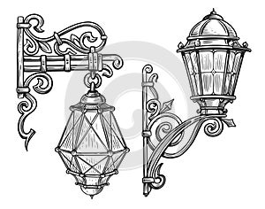 Wall wrought iron street lamp in engraving style. Lantern sketch vintage illustration