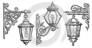 Wall wrought iron street lamp in engraving style. Lantern sketch vintage vector illustration