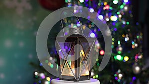 Lantern spinning on christmas tree background