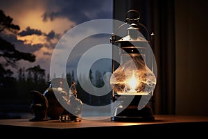 Lantern on the table in front of the window at sunset, Picture a captivating scene with a hurricane lamp, AI Generated