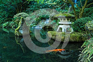 A Lantern and Waterfall in the Portland Japanese Garden