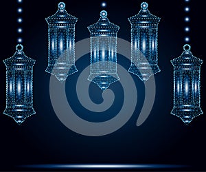 Lanterns, background, polygon blue stars 2