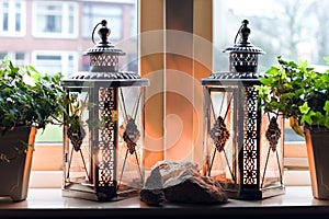 Lanterns with burning candles in window