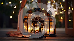 Lanterns with burning candles on wooden terrace at night