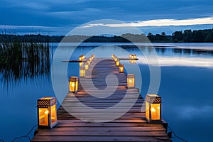 Lanterns emit a warm glow as they line the dock, creating a captivating sight, A private jetty extending into a calm lake at