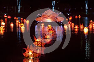 Lanterns float in a pond in Jaffna in Sri Lanka during the Vesak Festival.