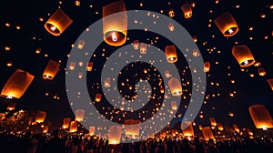 Lanterns glowing in night sky