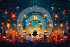 Lanterns glowing under a starry sky above silhouetted mosques, festive ambiance. Card for an Islamic holiday. photo