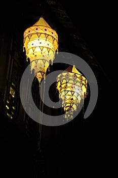 Lanterns hanging from eaves