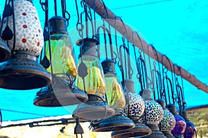 Lanterns hanging at a shop in Shilparamam